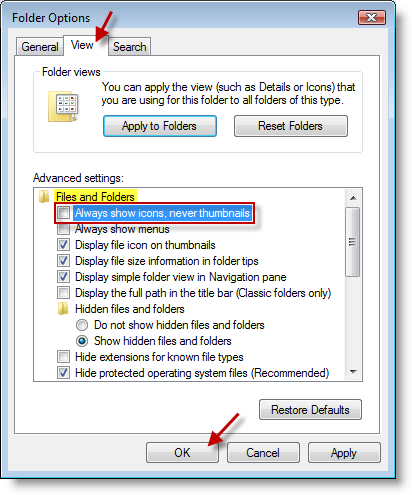 Enable Disable thumbnails in Windows Vista