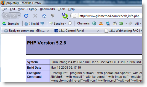 PHP version with 1 and 1 hosting