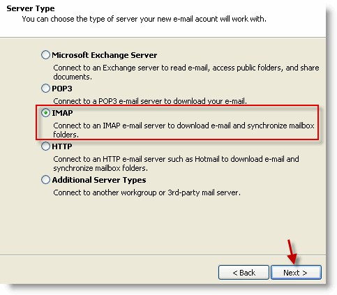 Choose IMAP as your server type