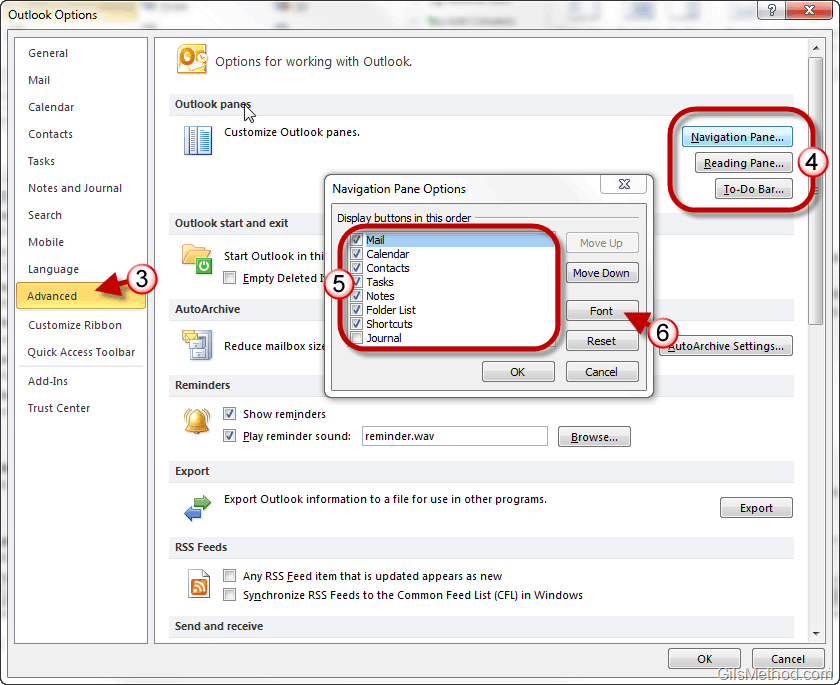 cambiar el tamaño de fuente en el panel de navegación de Outlook de 2010