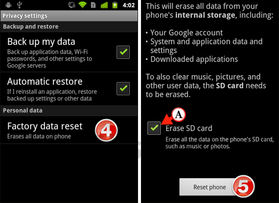 Reset android phone factory settings b