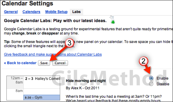 Hide evening morning hours google calendar labs
